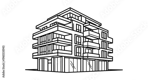 Modern architectural building with multiple floors and balconies, a contemporary design.