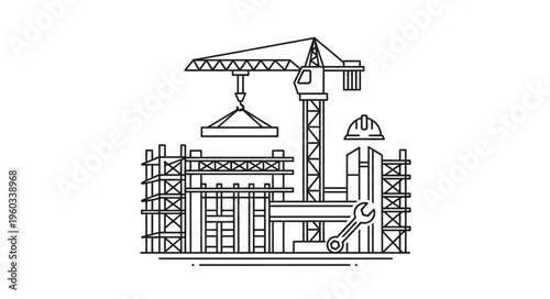 Construction site illustration featuring crane, scaffolding, and tools, building process.