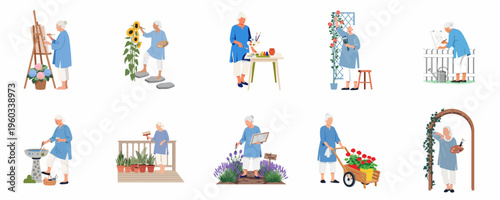 Canvastavla Set of flat illustrations featuring an elderly woman artist engaged in various gardening and outdoor painting activities in her backyard garden