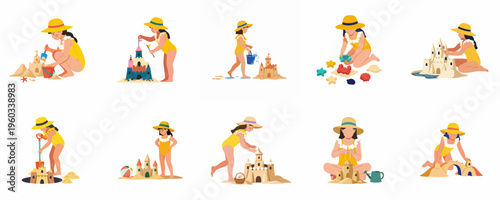 Vector illustration set of a young girl in a yellow swimsuit and sunhat building sandcastles and playing on the beach during summer vacation.