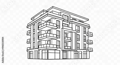 Modern architectural building with balconies and windows, a detailed line drawing.