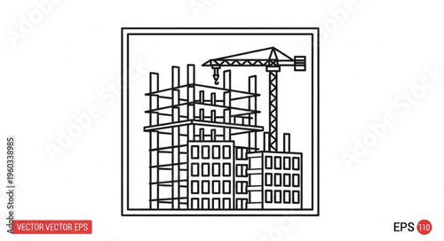 Construction site with crane and building structure, black and white illustration.