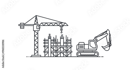 Construction site with crane, excavator, and building structure.