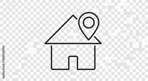 Simple house outline with location pin, representing home address and real estate.