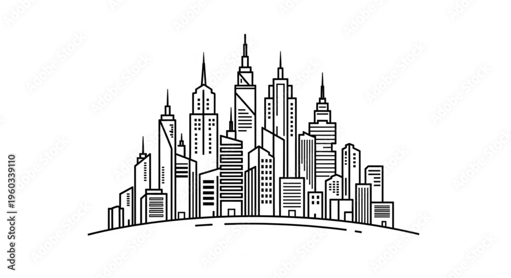 Fototapeta premium City skyline illustration featuring various skyscrapers and buildings, a modern urban landscape.
