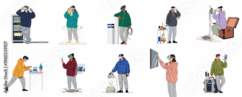 Flat vector illustration set of people working with virtual reality headsets, servers, and electronic equipment in various modern technical and professional scenarios.