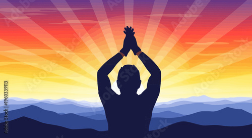 Meditative Silhouette Against Vibrant Sunrise Mountain Vista