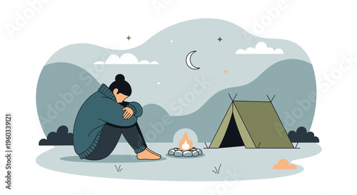 Melancholy Camper Contemplates Vast Night Sky Above Serene Wilderness