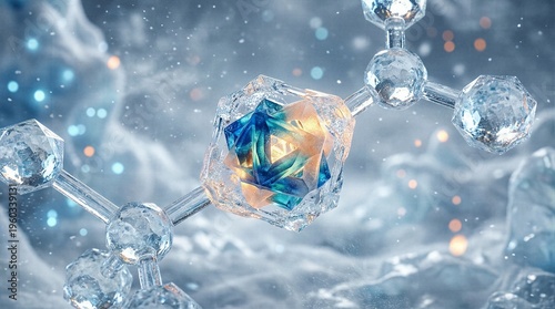 Complex geometric atomic core encased in freezing ice molecule visualization