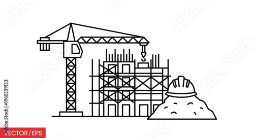 Construction site with crane, building, scaffolding, and safety helmet, black and white illustration.