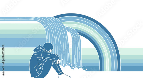 Melancholy Youth Beside Abstract Waterfall And Rainbow Visual