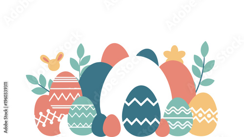 Easter eggs on a soft pastel background with evergreen leaves