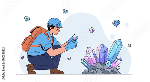 Miner Examining Gemstones In A Cave Discovery Exploration Geology
