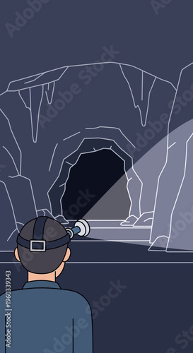 Miner Exploring Dark Cave With Headlamp Discovering New Frontiers