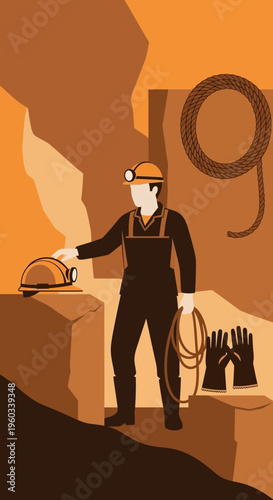 Miner Ready for Subterranean Exploration Amidst Rocky Cavern Setting