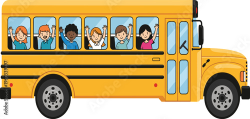 Vector, illustration, of, a, yellow, school, bus, with, happy, children, waving, from, the, windows, for, education, and, transport