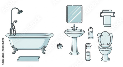 Vintage Bathroom Fixtures Illustration - Bathtub, Sink, Toilet, and Accessories.