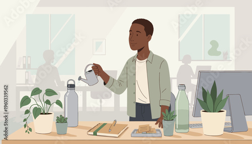 Vector illustration of a Black man watering indoor plants on his desk in a bright office environment featuring reusable water bottles and eco-friendly workspace organization.