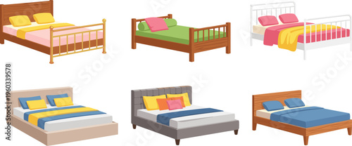 Colorful illustration of six different bed designs with unique frames and bedding styles, symbolizing interior design artwork, furniture creativity, home decor projects, and decorative themes