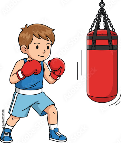 Vector, illustration, of, a, young, boy, wearing, red, boxing, gloves, and, blue, athletic, gear, punching, a, red, heavy, bag
