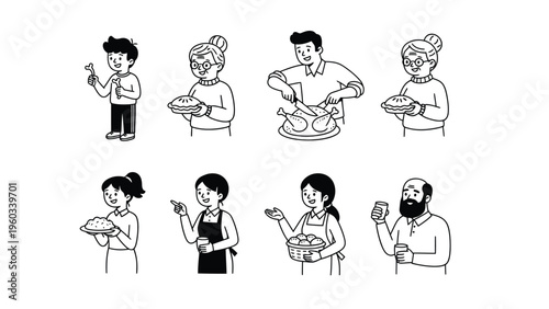Family Cooking & Dining Line Art Set. Diverse people preparing and serving food, carving turkey, holding pies. Hand-drawn vector icons.