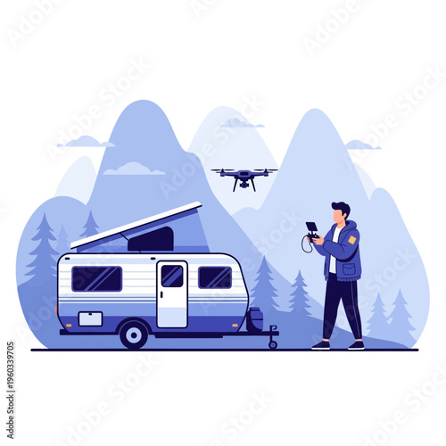 Modern Camper Van Adventure Captures Stunning Aerial Drone Views of Scenic Mountains and Forests