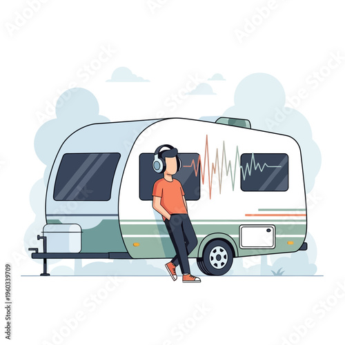 Modern Camper Van Adventure With Person Listening To Music On Headphones