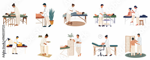 Flat vector illustrations of acupuncture sessions, cupping therapy, and traditional Chinese medicine practitioners providing holistic healthcare treatments to patients in a clinic.