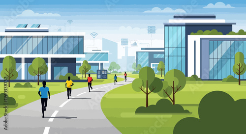 Modern Campus With People Jogging And Technology Elements