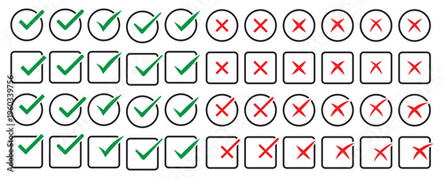 Check mark icon set. Check box icon with right and wrong buttons and yes or no checkmark icons in green tick box and red cross.
