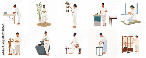 Set of flat vector illustrations depicting traditional medicine, holistic wellness practices, herbalism, acupuncture, tea ceremonies, and self-care rituals.