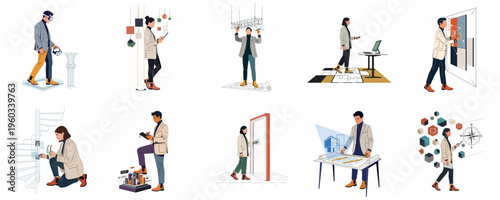 A collection of illustrations featuring professionals in architecture and design using advanced digital tools, VR technology, and traditional methods for planning and modeling.