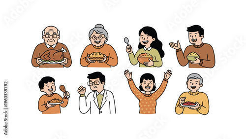 Cartoon Characters with Food: Diverse Family Generations & Mealtime Illustration Set