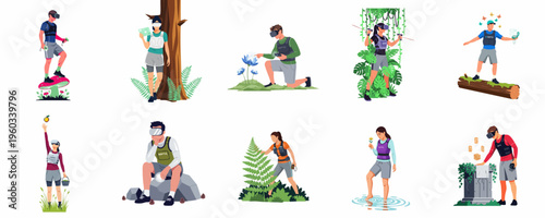 Collection of flat vector illustrations depicting people using VR headsets and haptic vests for immersive nature-themed virtual reality experiences.