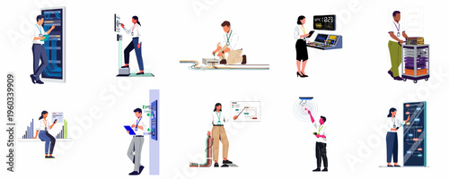 Illustration Set of IT Professionals, Engineers, and System Administrators Working in Data Centers with Servers, Cables, and Digital Interfaces.