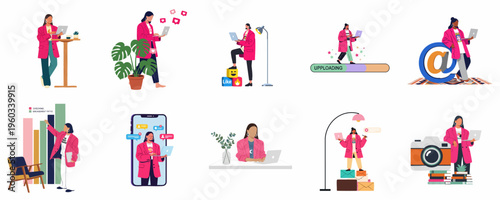 Set of vector illustrations depicting a modern businesswoman in a pink blazer managing social media, content creation, and digital marketing tasks on her laptop.