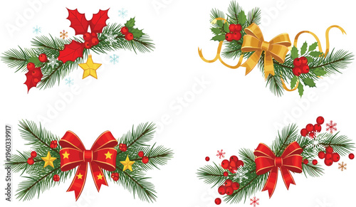 Vector, illustration, of, festive, Christmas, greenery, featuring, pine, branches, holly, berries, gold, stars, and, red, bows, for, holiday, winter, design