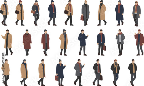 Diverse men in stylish autumn and winter outerwear walking with coats scarves beanies and briefcases for cold weather fashion and metropolitan lifestyle flat vector illustration