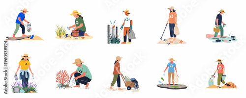 Set of volunteers cleaning up plastic waste and trash from beaches and coastal environments to protect marine life and the ecosystem.