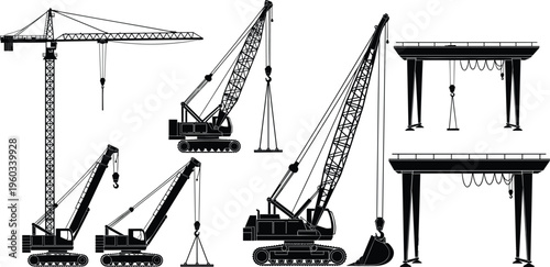 Construction cranes collection including tower crane, crawler crane and gantry crane silhouettes, heavy lifting equipment vector illustration set for industrial and engineering projects
