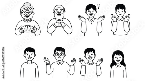 Line art collection of diverse people showing various emotions, expressions, and everyday actions in a simple black and white style.