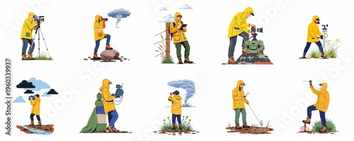 Flat vector set of meteorologists and storm chasers in yellow raincoats using various equipment to observe and document extreme weather phenomena like tornadoes.