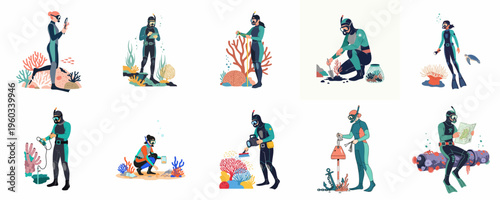 A set of vector illustrations featuring marine biologists and divers conducting scientific research, reef restoration, and environmental monitoring in the ocean.