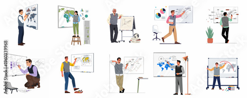 A diverse collection of professional characters presenting complex data, maps, and statistical charts on whiteboards in business and educational settings.