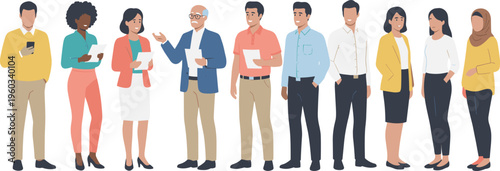 Diverse multigenerational business team with senior manager and professionals in conversation for corporate mentorship leadership and inclusive office culture flat vector