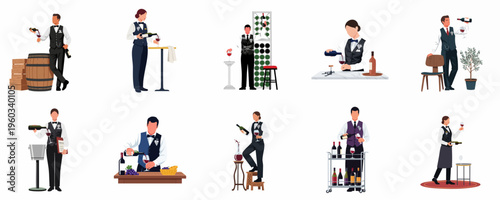 Collection of professional male and female sommeliers in flat vector style performing various wine service tasks, from pouring and tasting to cellar management.