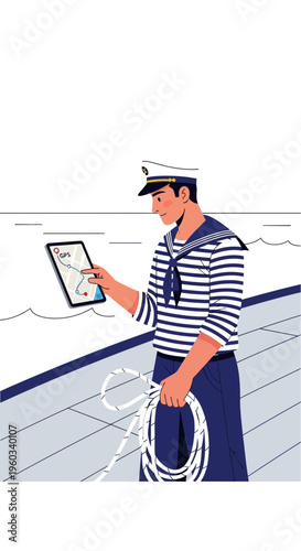 Modern Navigator In Nautical Uniform Utilizes Digital Map For Maritime Navigation