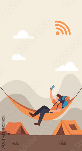 Modern Nomad Relaxing In Hammock With Wi-Fi Signal Camping Adventure