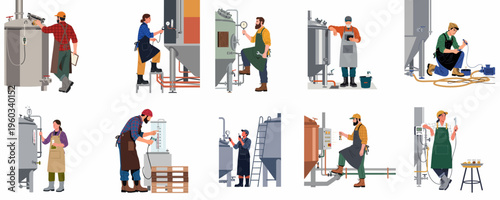 Collection of diverse brewery workers and technicians operating machinery, monitoring quality control, and managing production processes in a modern craft beer factory.