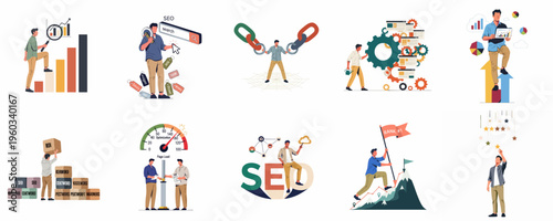 Comprehensive set of search engine optimization (SEO) flat vector illustrations featuring characters performing tasks like link building, keyword research, and data analysis.
